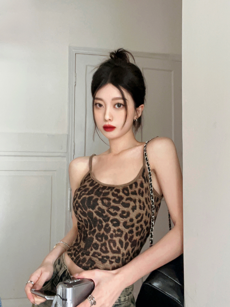 實拍豹紋針織小吊帶背心女夏辣妹外穿內搭打底修身短款上衣