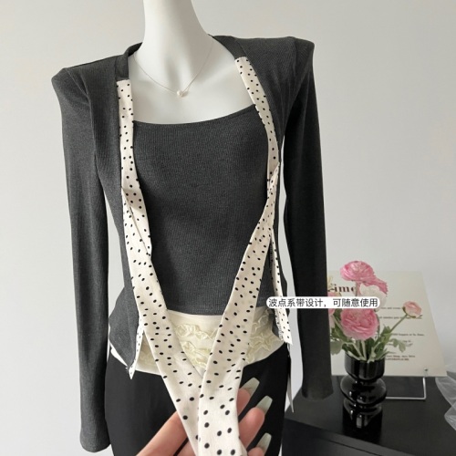 American retro gray polka dot fashion hottie suit for women fake two-piece sweater pleated lace trousers two-piece set