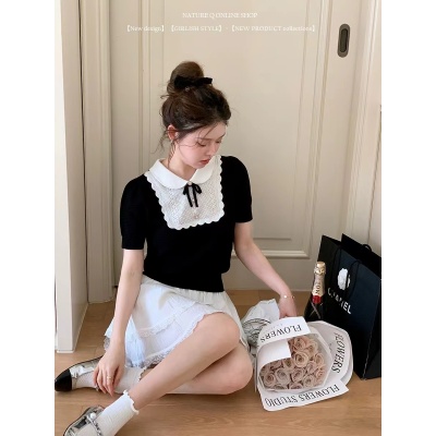 楊小卷 法式MIU系針織短袖T恤女娃娃領蝴蝶結上衣女甜美減齡Tee