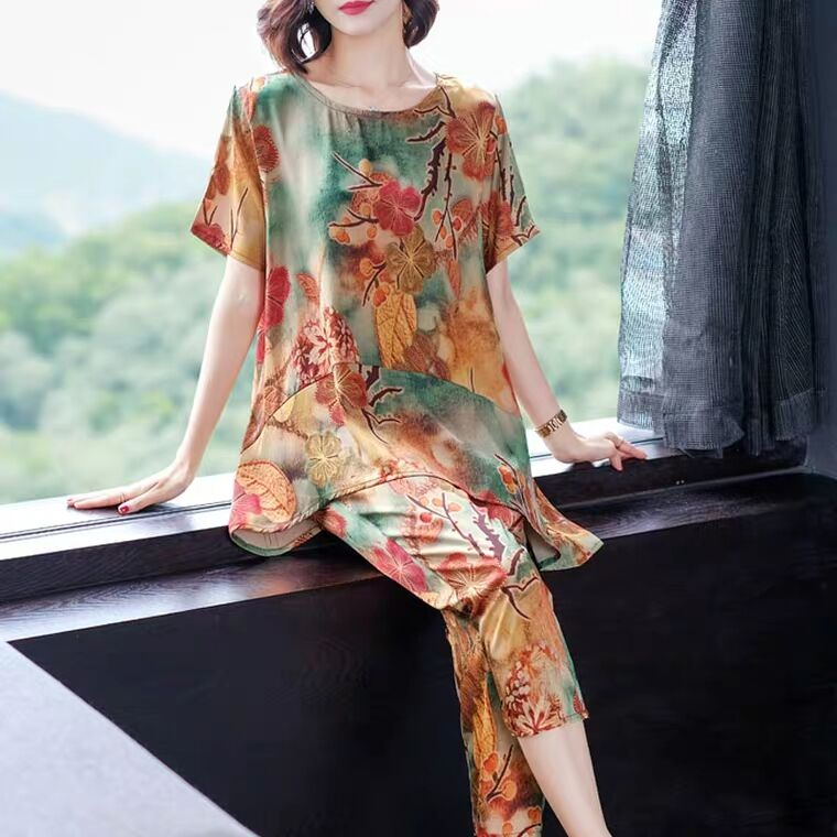 Bingsi 2024 retro print suit, age-reducing plus-size slimming mother outfit, fashionable carrot pants two-piece set