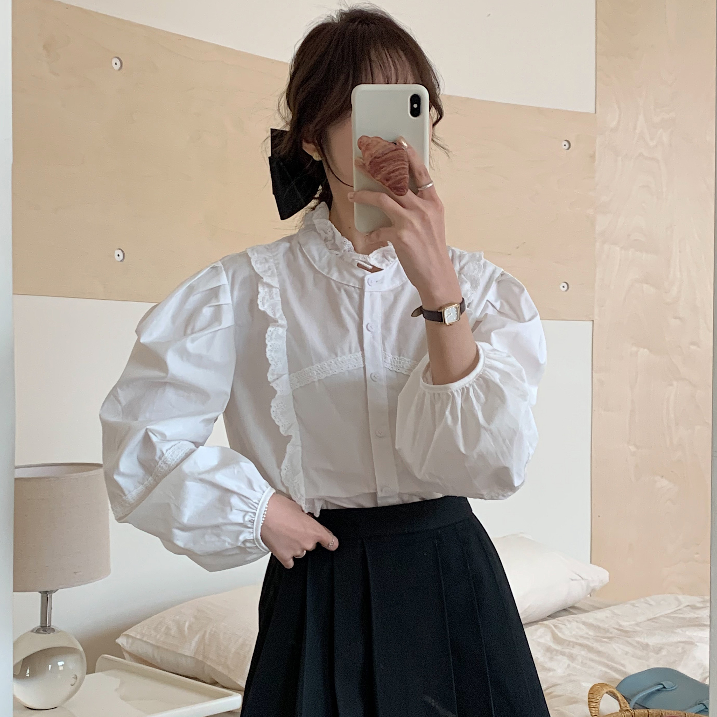 實拍   #木耳邊   泡泡袖   立領 甜美花邊 拼接