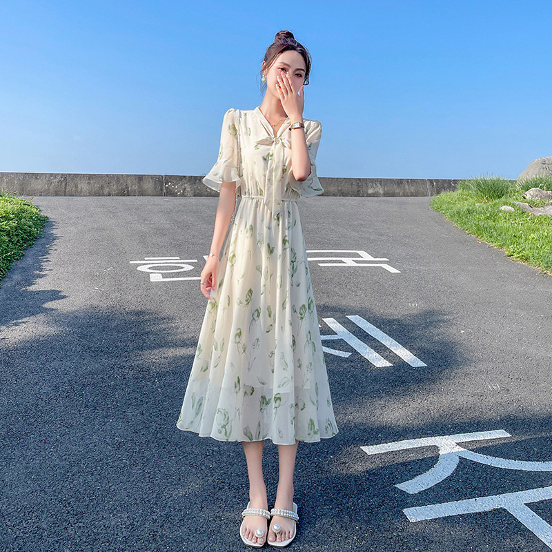 Tea break dress floral chiffon dress women summer 2024 new style mid-length waist slimming fairy a-line skirt