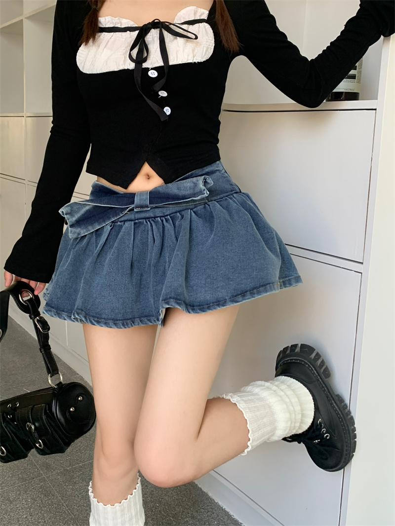 實拍 夏季新款純欲辣妹牛仔半身裙褲女蝴蝶結感小眾a字超短裙子
