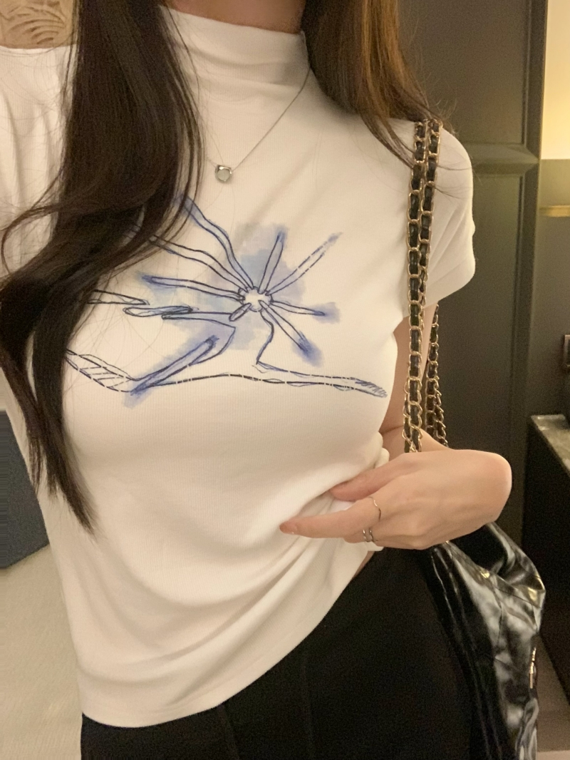 實拍  夏裝 印花半高領打底女短袖T恤