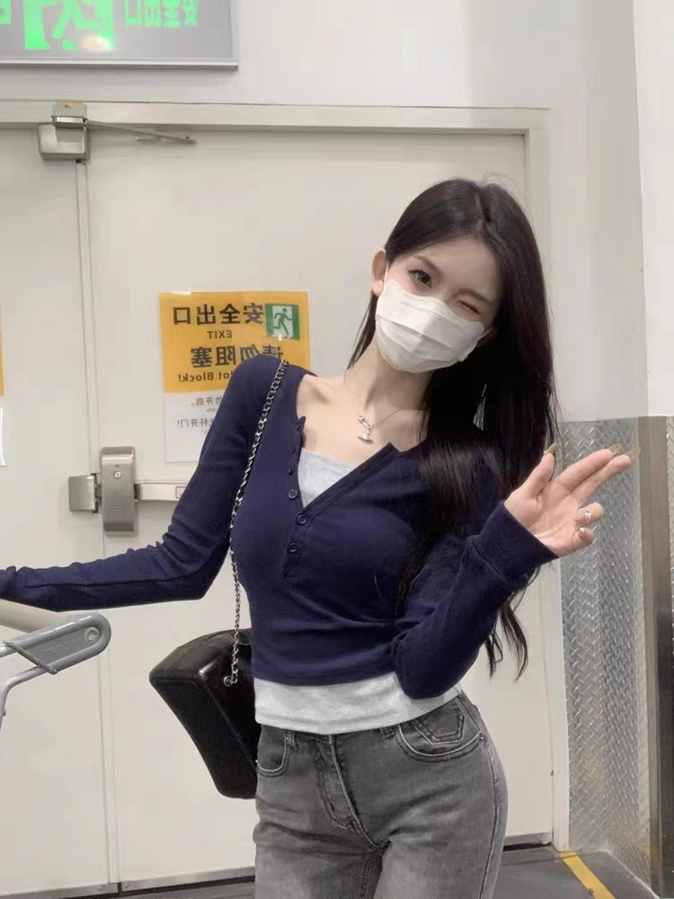 圖250克螺蚊 長袖T恤假兩件打底衫圓領上衣韓版女裝