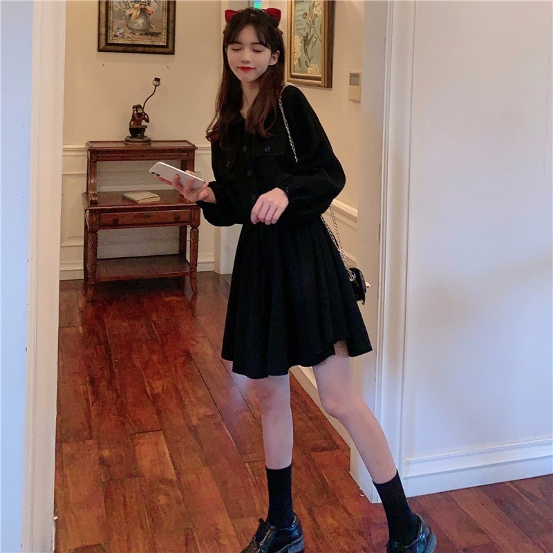 秋季韓版2024春款POLO領抽繩收腰顯瘦小個子A字長袖連衣裙女裙子