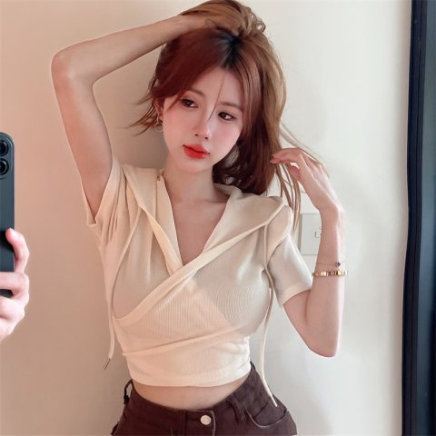 螺紋 交叉v領連帽t恤女短袖夏季修身短款純欲上衣