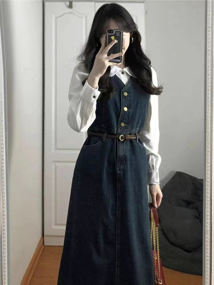 吊帶連衣裙套裝牛仔背心裙子女秋季小香風白色襯衫休閒兩件套上衣