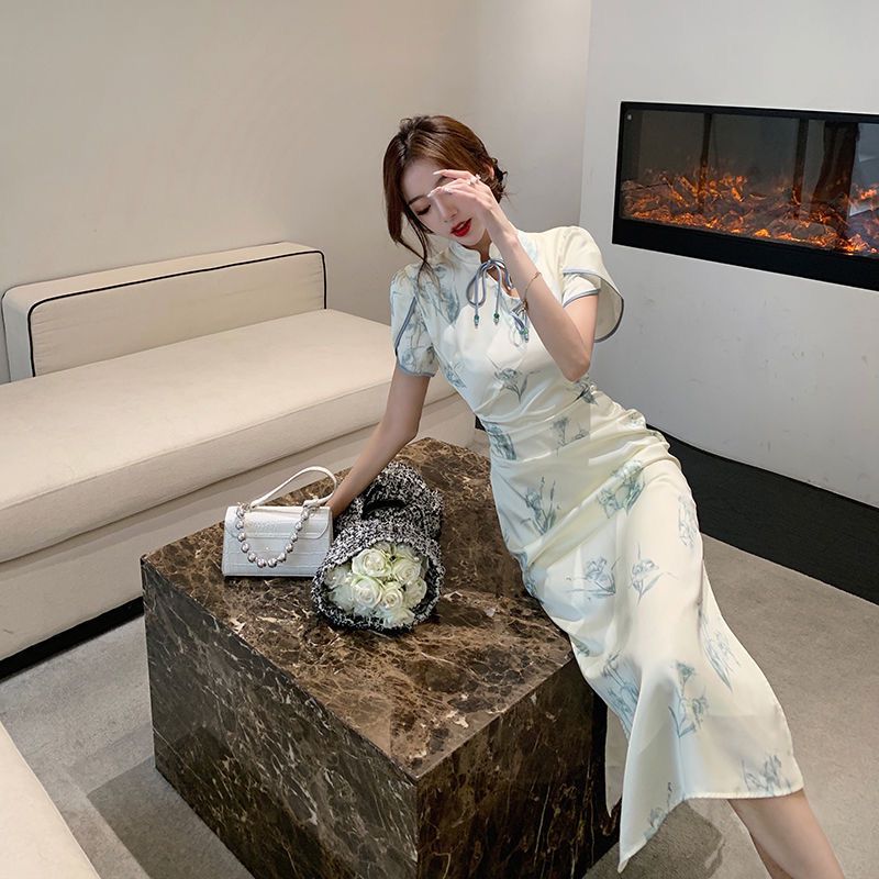 夏季女裝新中式改良旗袍高端長裙氣質名媛女神范高級感花色連衣裙