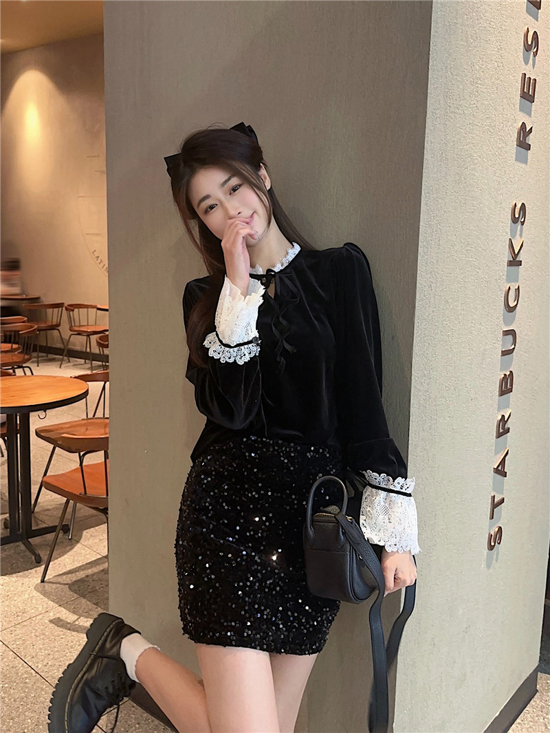 實拍~2024春季法式高級感蕾絲拼接絲絨上衣亮片半身裙兩件套