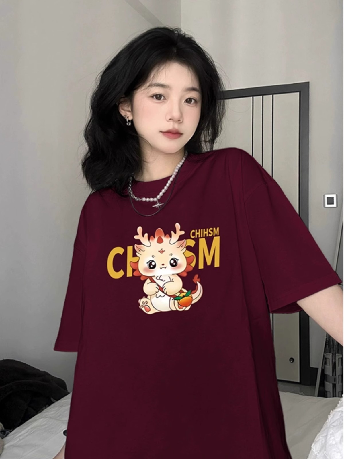 超好看酒紅色純棉圓領短袖T恤女2024龍年新年小眾潮牌寬鬆上衣服