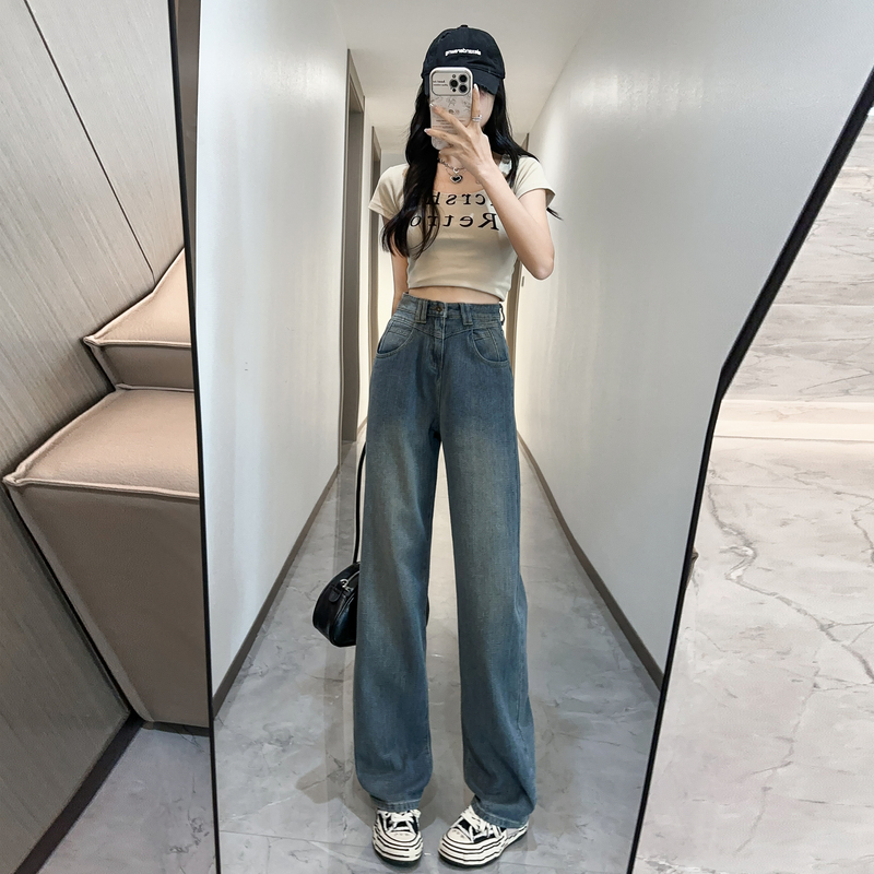 美式高街星空紋闊腿牛仔褲女秋新款復古高腰顯瘦直筒長褲