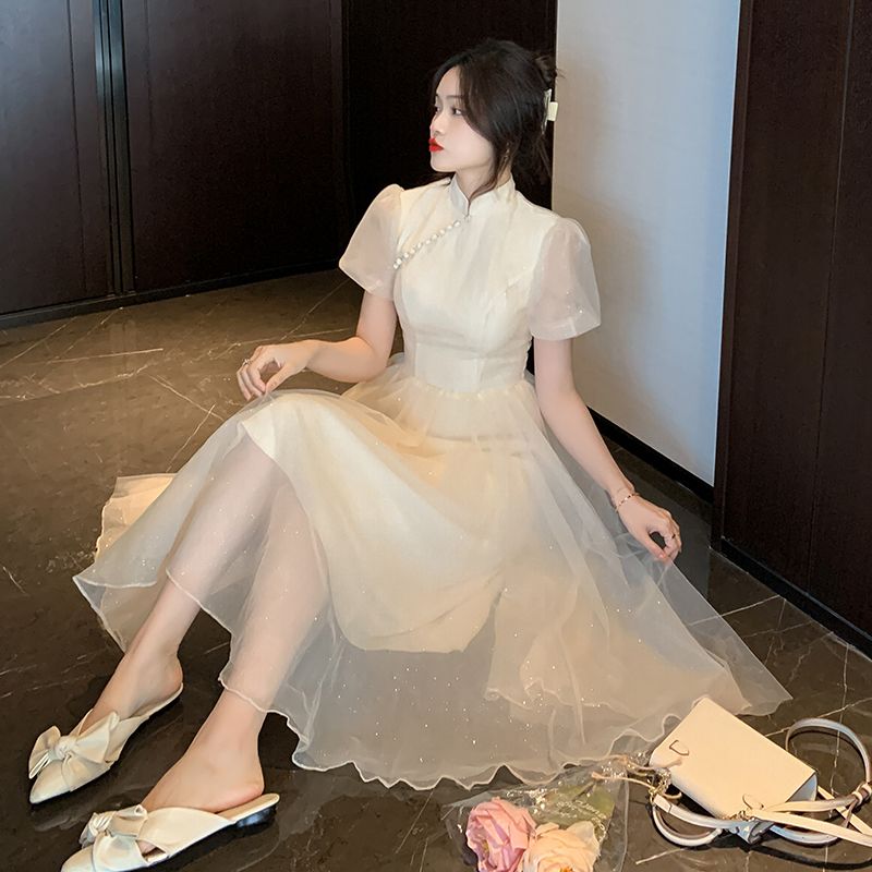 實拍 淡淡優雅日常通勤改良旗袍連衣裙女夏季香檳色網紗蓬蓬裙