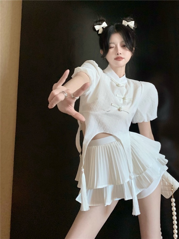 實拍  小立領盤扣國風泡泡袖襯衫+高腰a裙雙層百褶蛋糕褲短褲