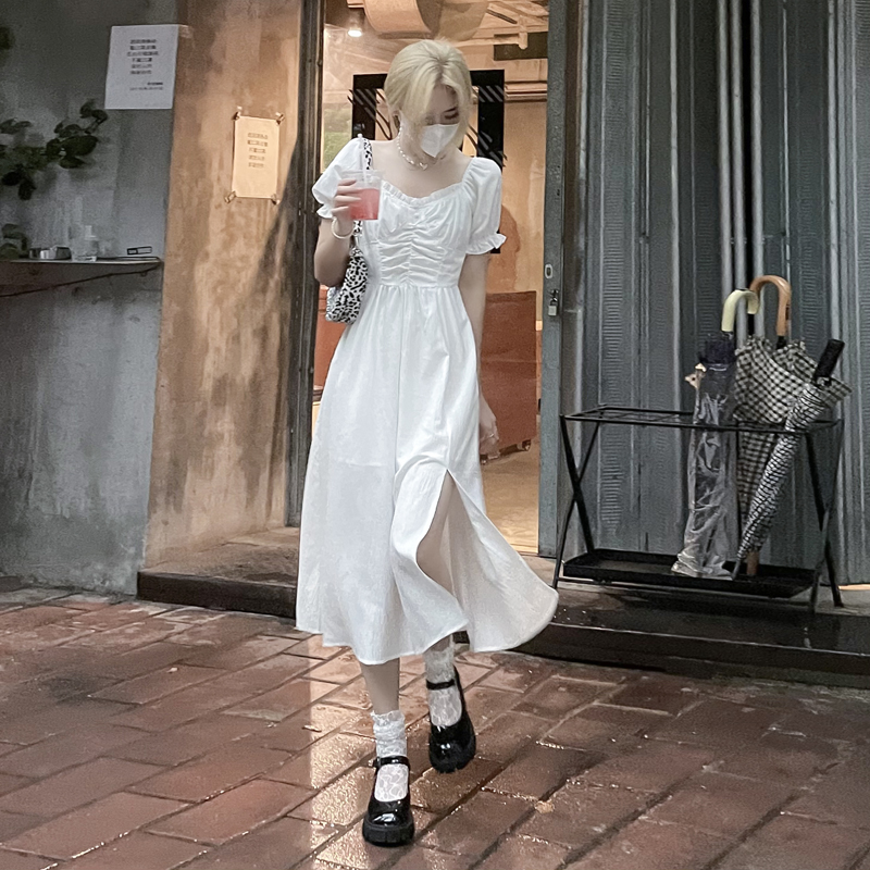 夏季韓版法式氣質收腰顯瘦中長款開叉方領短袖連衣裙女