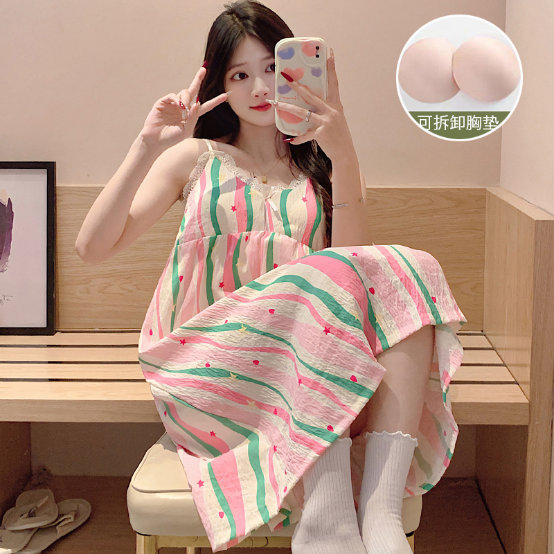 實拍夏季韓版新款梭織雲朵棉帶胸墊睡裙女甜美吊帶可外穿家居服