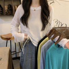 Actual shot Korean-style design sense niche drawstring lazy style versatile ice silk sunscreen T-shirt top for women