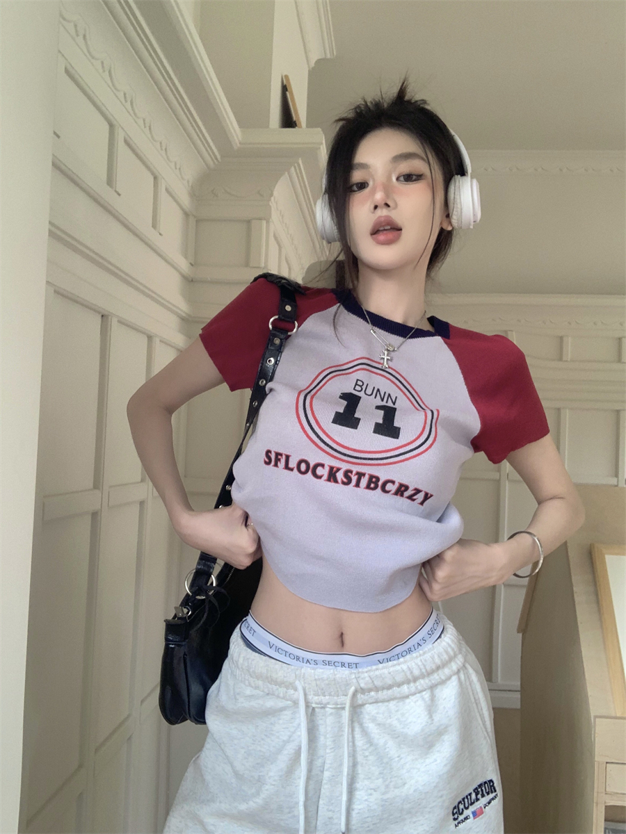 實拍 設計感正肩撞色字母印花短袖t恤新款短款修身顯瘦上衣
