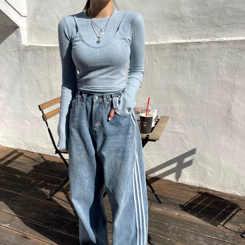 High-waisted adjustable-buckle washed side three-stripes loose straight-leg jeans