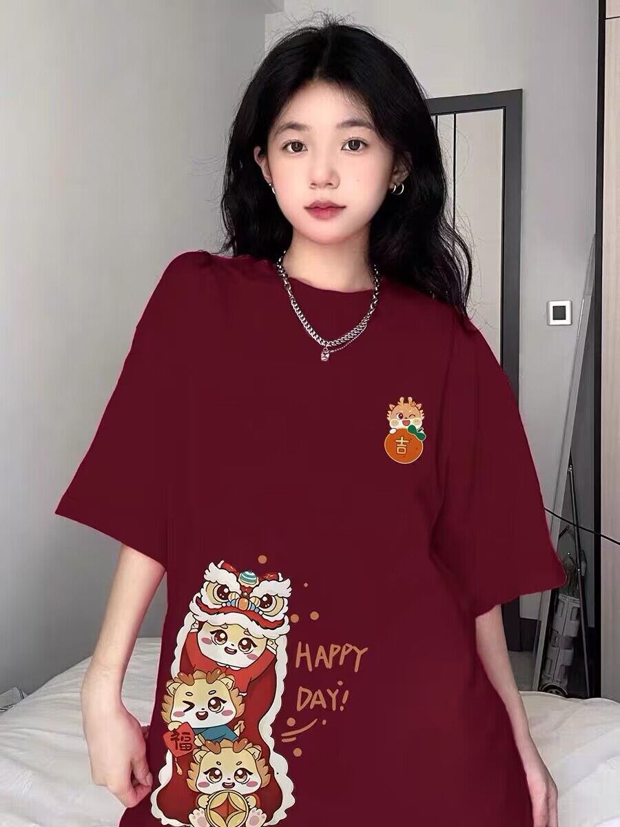 新年本命年酒紅色短袖t恤女夏季新款龍年設計感小眾純棉半袖上衣