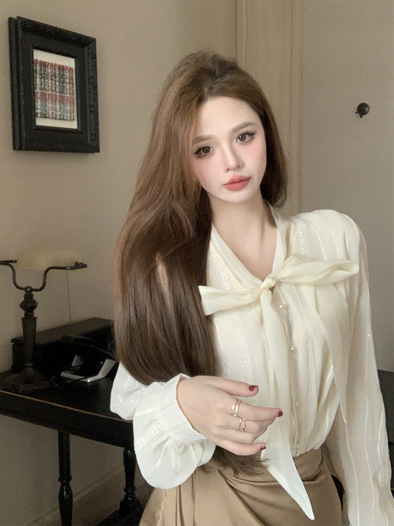 實拍 春款新款新中式杏色圓領系帶襯衣長袖宮廷風襯衫女上衣女