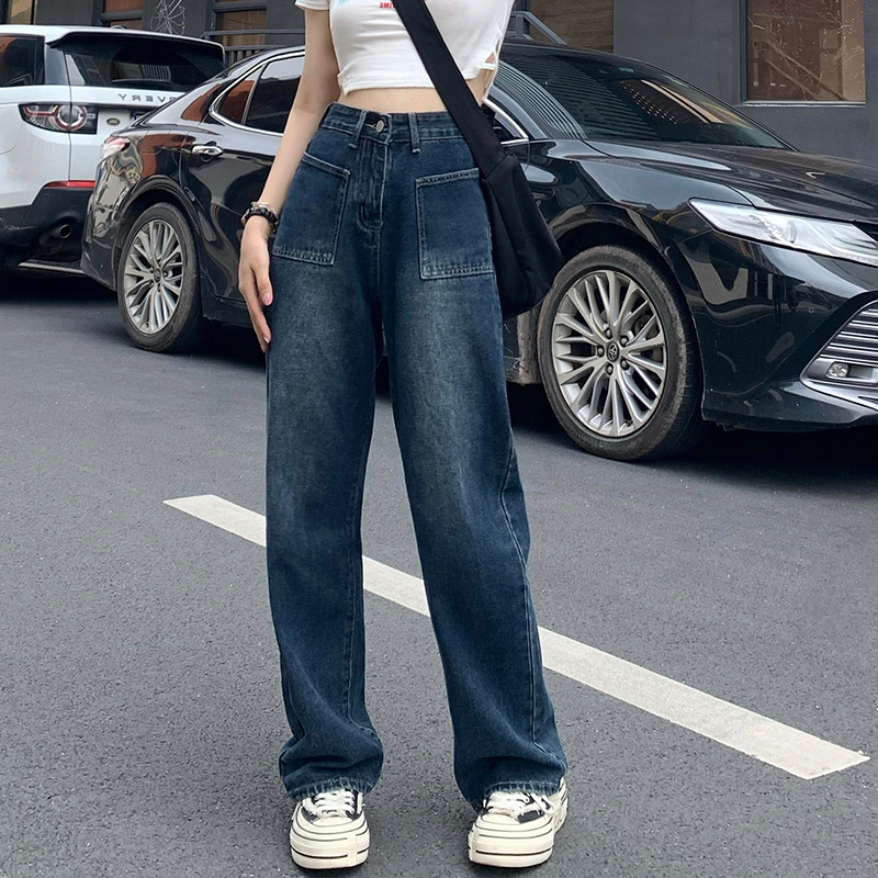 2024高腰牛仔褲女直筒垂墜感闊腿褲大口袋小眾顯瘦拖地長褲子