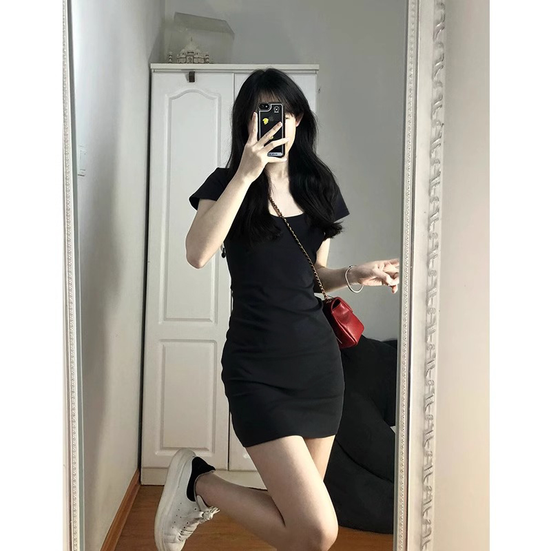 韓系小個子辣妹修身氣質法式純棉連衣裙夏季2024新款顯瘦包臀短裙