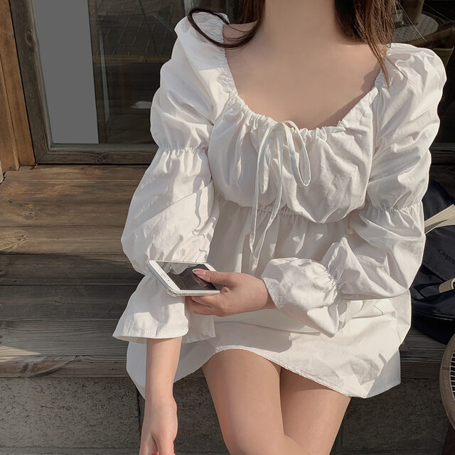 尺碼已更新 早春法式露肩系帶泡泡袖連衣裙女顯瘦減齡公主裙