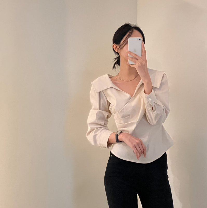 韓國chic 早春 設計感 純色 V領 壓褶 長袖襯衫