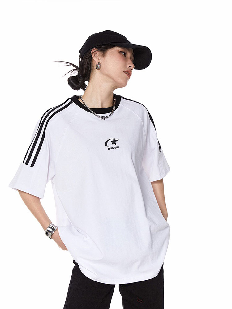 純棉200克後包領三條槓美式圓領短袖街頭oversize夏季T恤女