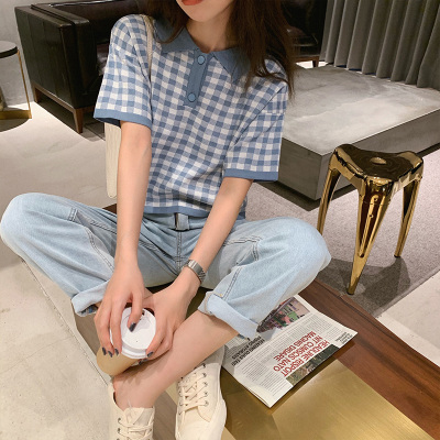 張大奕格紋針織Polo衫女寬鬆韓版網紅短袖T恤顯瘦短款上衣ins