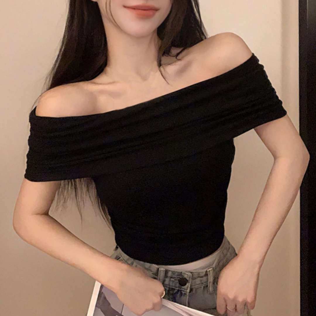 溫柔一字肩短袖t恤女短款春季設計感小眾露鎖骨性感熱辣別致上衣