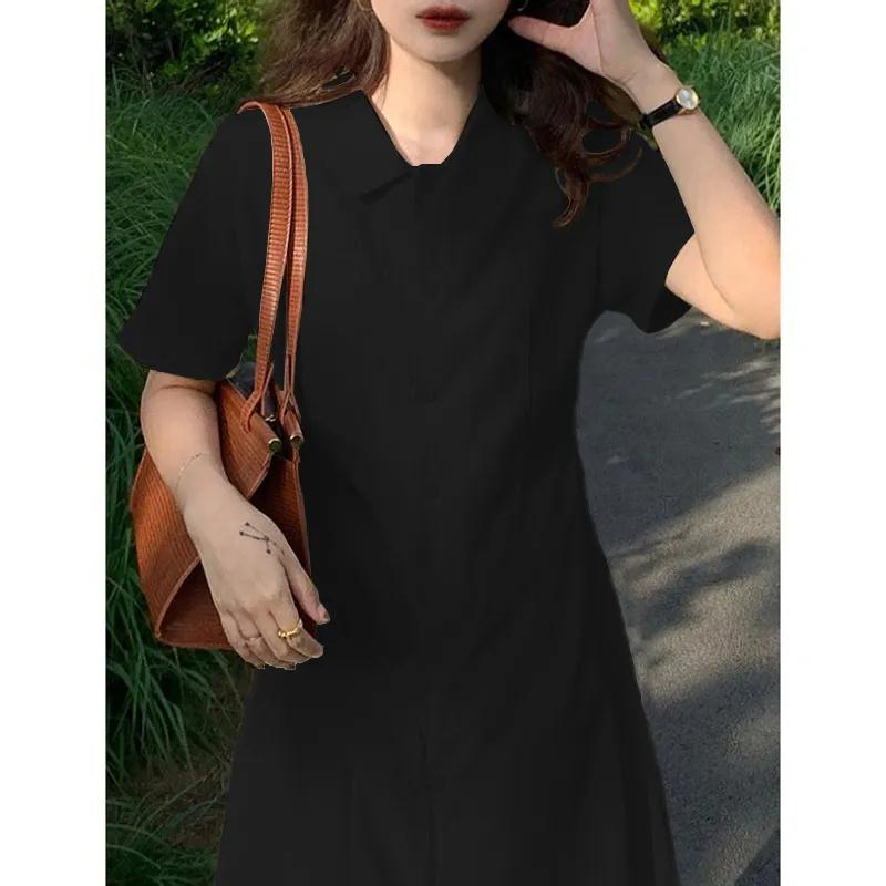 Literary first love, orange temperament, summer new solid color dress, female student waist slimming shirt, mid-length skirt for women