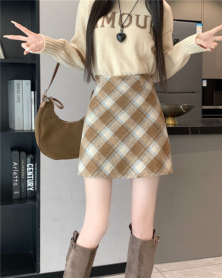 毛呢格子半身裙女秋冬裝新款氣質小個子短裙高腰包臀裙顯瘦A字裙