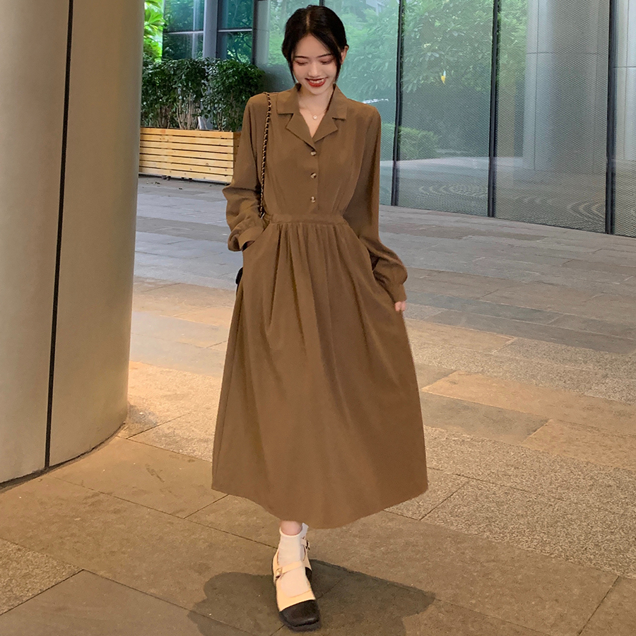 新款收腰顯瘦法式復古黑色長袖V領連衣裙女