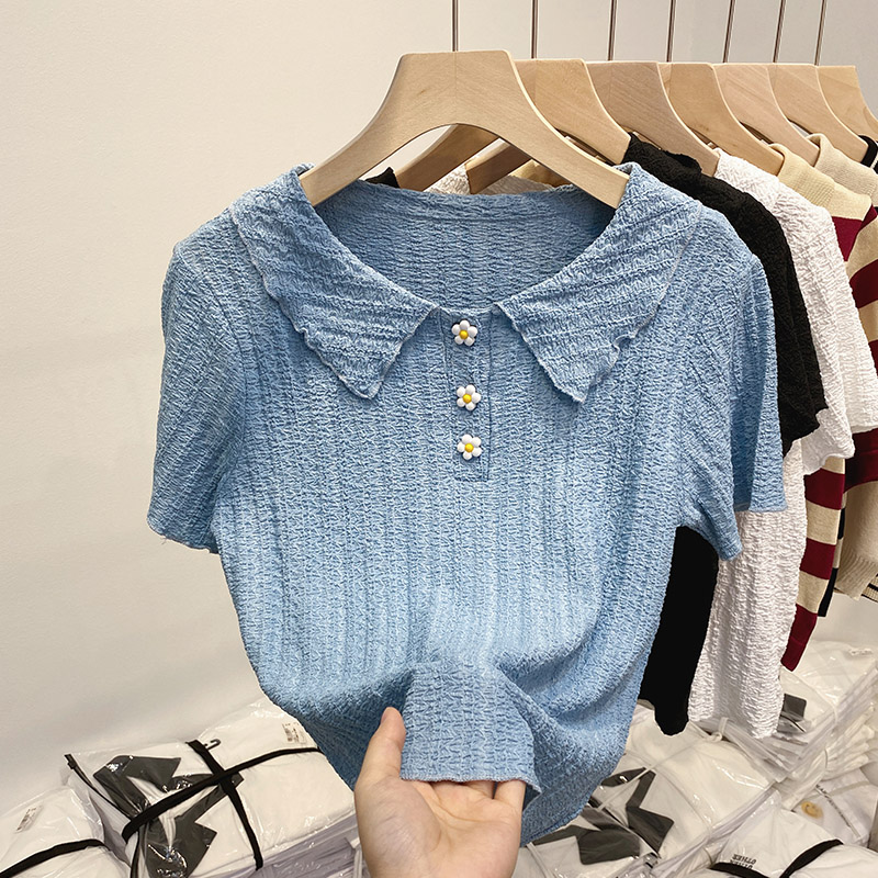 polo領短袖女裝T恤衫2024年新款夏季娃娃領短款上衣寬鬆