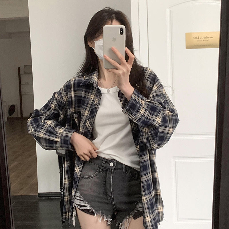藏藍格子襯衫2024春秋新款大碼胖妹妹寬鬆顯瘦疊穿襯衣百搭外套女