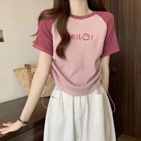 冰絲螺紋# 插肩短袖抽繩T恤女
