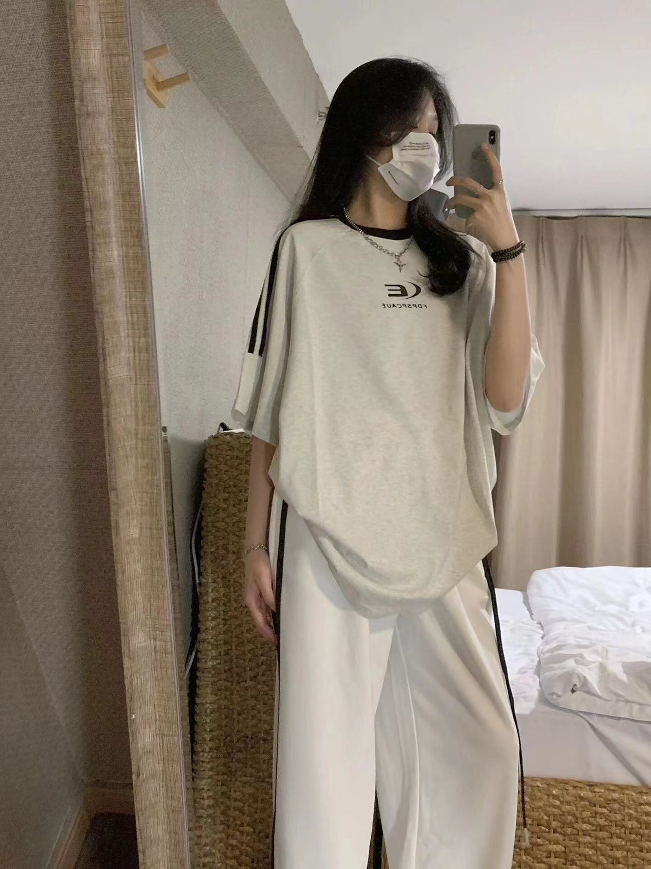 夏季韓版240克純棉寬鬆百搭字母印花撞色短袖T恤女三條杆打底上衣