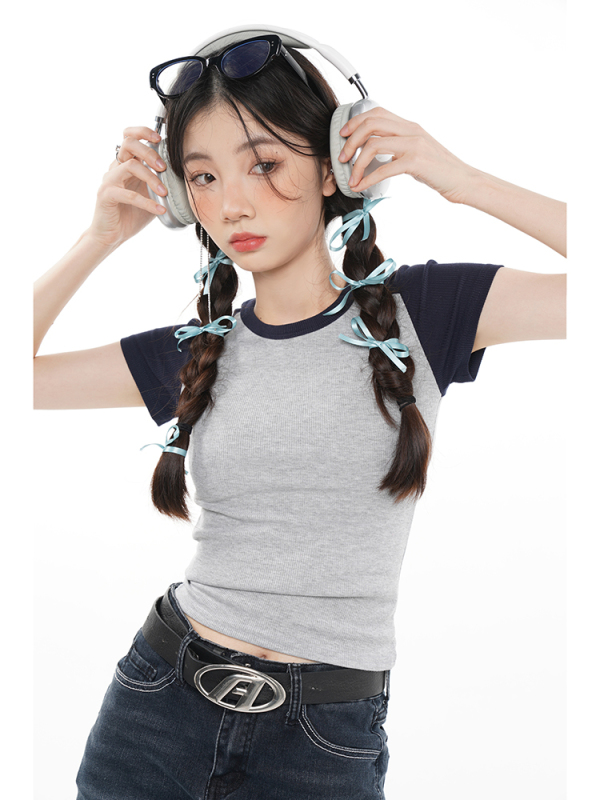 正肩短袖T恤女夏拼接撞色小眾設計感顯瘦修身純欲風辣妹短款上衣