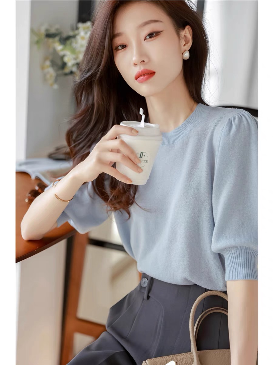 春季冰絲針織短袖t恤上衣女2024新款女裝泡泡袖洋氣精緻氣質小衫