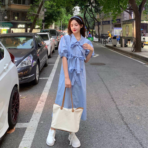 泡泡袖連衣裙女夏季韓版2024新款設計感蝴蝶結polo領顯瘦短袖裙子