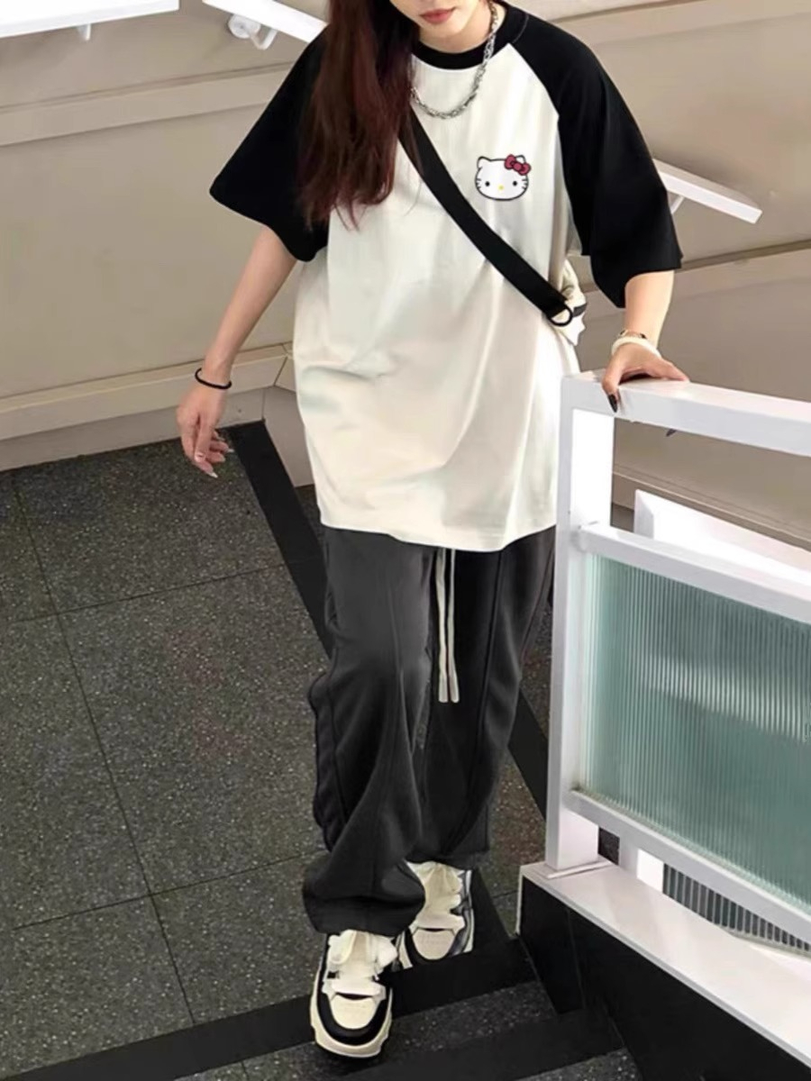 200克純棉精梳緊密可愛卡通小貓印花短袖T恤女上衣