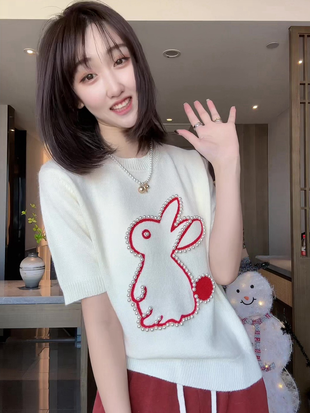 本命年紅色圓領短袖針織衫春裝年新款復古撞色兔子洋氣上衣女