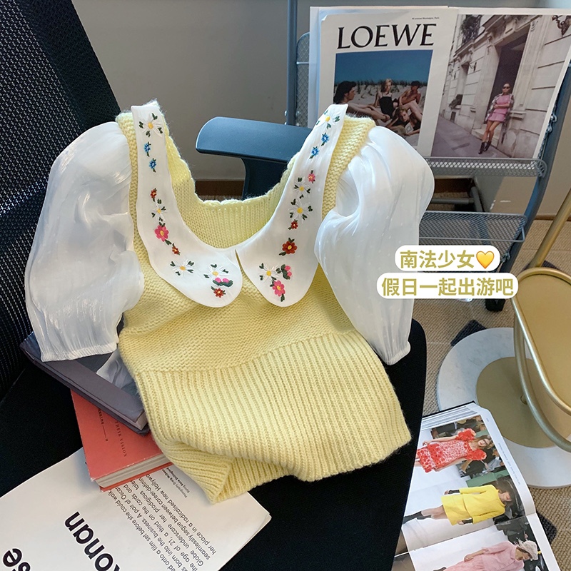 撞色娃娃領短袖針織衫女夏季新款甜美減齡修身顯瘦短款泡泡袖上衣