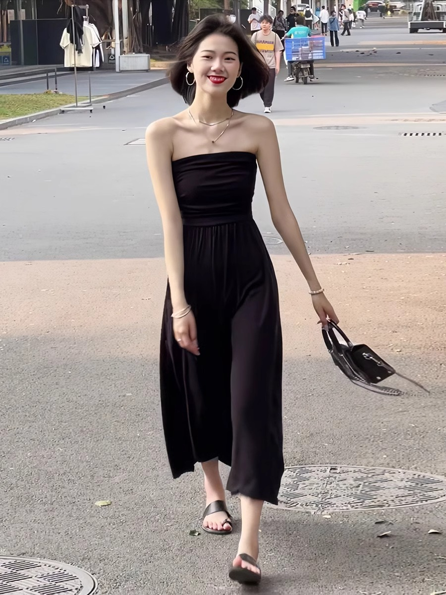 夏季新款氣質純欲露肩無袖抹胸連衣裙女韓系高級感收腰顯瘦長裙子
