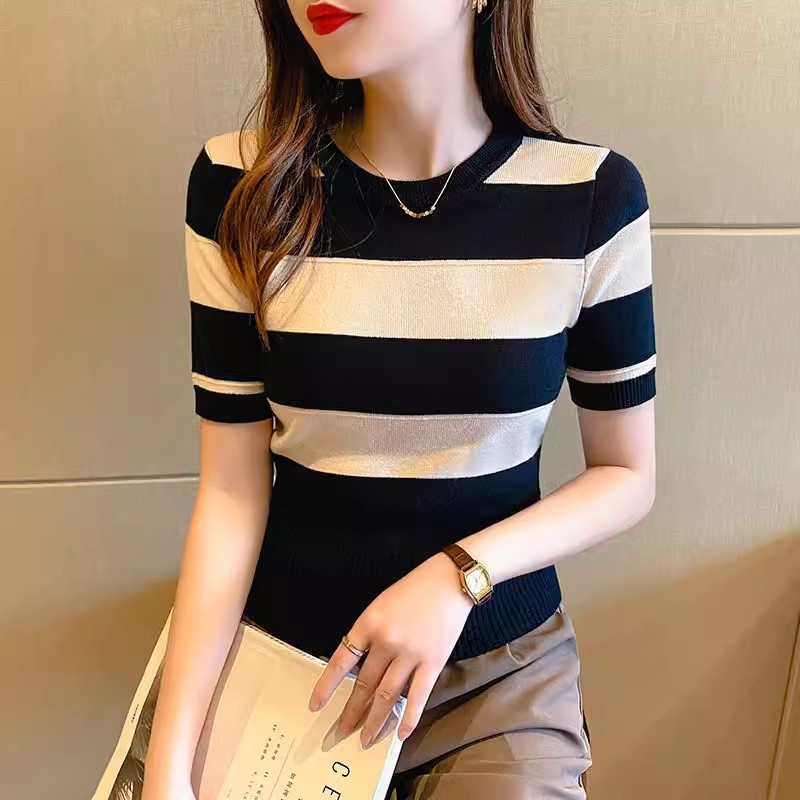 條紋短袖t恤女修身顯瘦冰絲針織衫夏新款外穿內搭短款上衣女