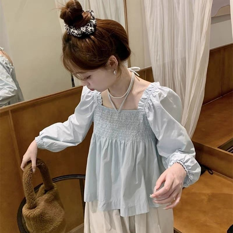 木耳邊方領系帶褶皺襯衫女春裝法式甜美娃娃衫寬鬆短款泡泡袖上衣