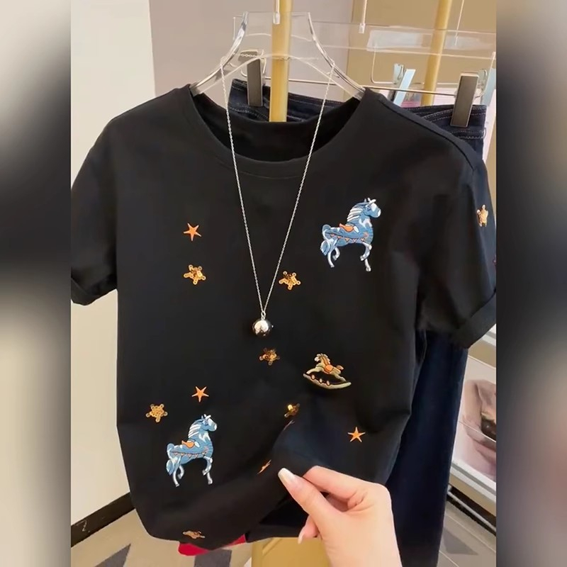 買手店設計款卡通刺繡短袖t恤女夏季寬鬆顯瘦美式復古正肩體恤潮
