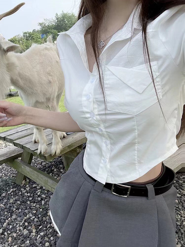 辣妹復古polo領短袖襯衫女設計感收腰純欲顯胸短款上衣
